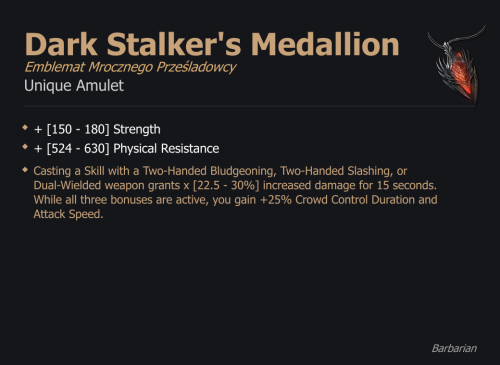 Dark Stalker's Medallion / Emblemat Mrocznego Prześladowcy UNIKAT Diablo IV SEZON