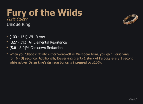 Fury of the Wilds / Furia Dziczy UNIKAT Diablo IV SEZON