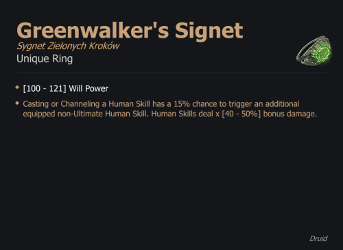 Greenwalker's Signet / Sygnet Zielonych Kroków UNIKAT Diablo IV SEZON