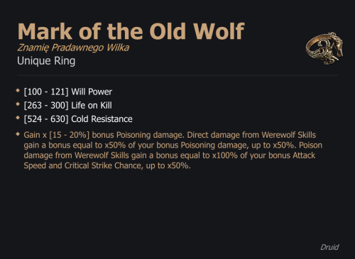 Mark of the Old Wolf / Znamię Pradawnego Wilka UNIKAT Diablo IV SEZON