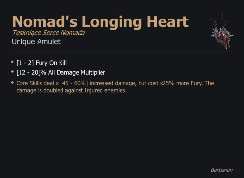 Nomad's Longing Heart / Tęskniące Serce Nomada UNIKAT Diablo IV SEZON