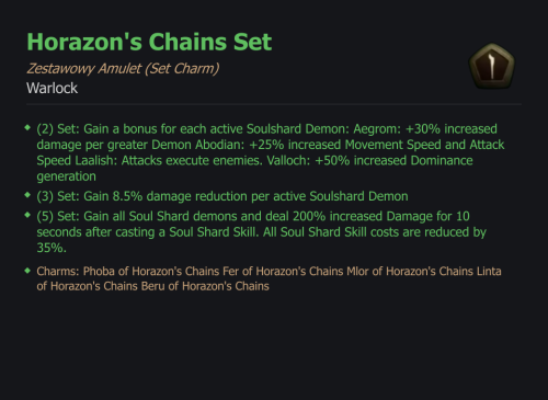 SET WARLOCK Horazon's Chains CAŁY ZESTAW TALIZMANY SEZON