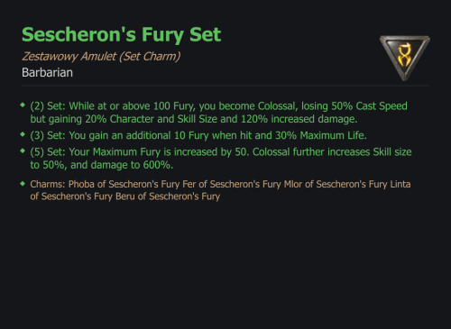 SET SESCHERON'S FURY CAŁY ZESTAW TALIZMANY SEZON