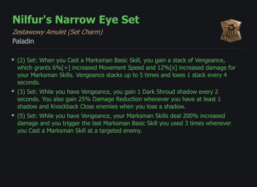 SET PALADIN Nilfur's Narrow Eye CAŁY ZESTAW TALIZMANY SEZON