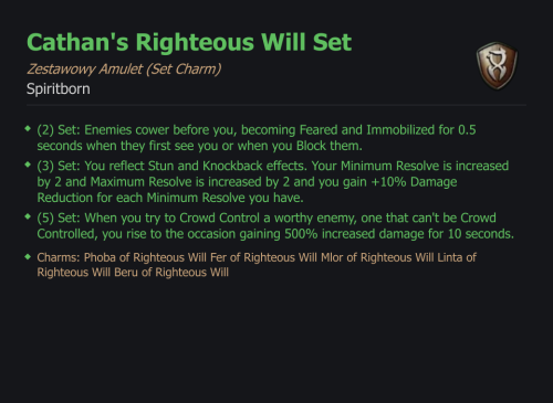 SET SPIRITBORN Cathan's Righteous Will CAŁY ZESTAW TALIZMANY SEZON