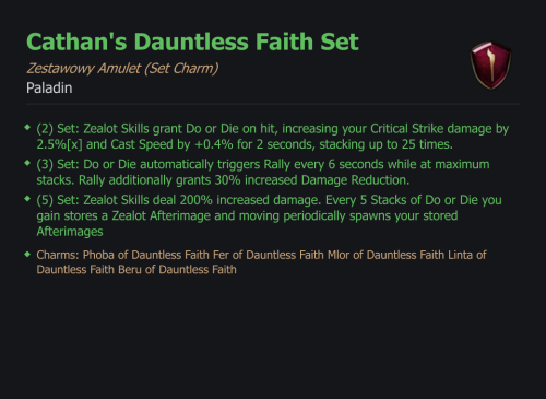 SET PALADIN Cathan's Dauntless Faith CAŁY ZESTAW TALIZMANY SEZON