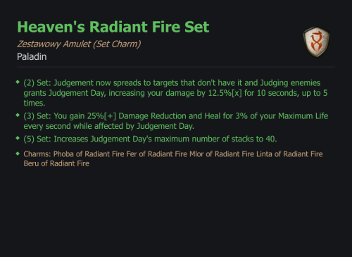 SET PALADIN Heaven's Radiant Fire CAŁY ZESTAW TALIZMANY SEZON