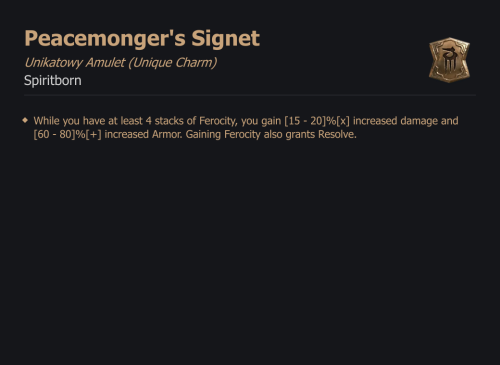 UNIKATOWY AMULET Peacemonger's Signet DIABLO 4 SEZON