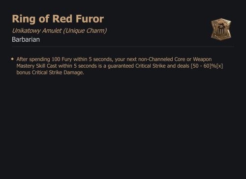 UNIKATOWY AMULET Ring of Red Furor DIABLO 4 SEZON