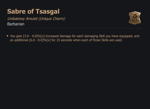 UNIKATOWY AMULET Sabre of Tsasgal DIABLO 4 SEZON